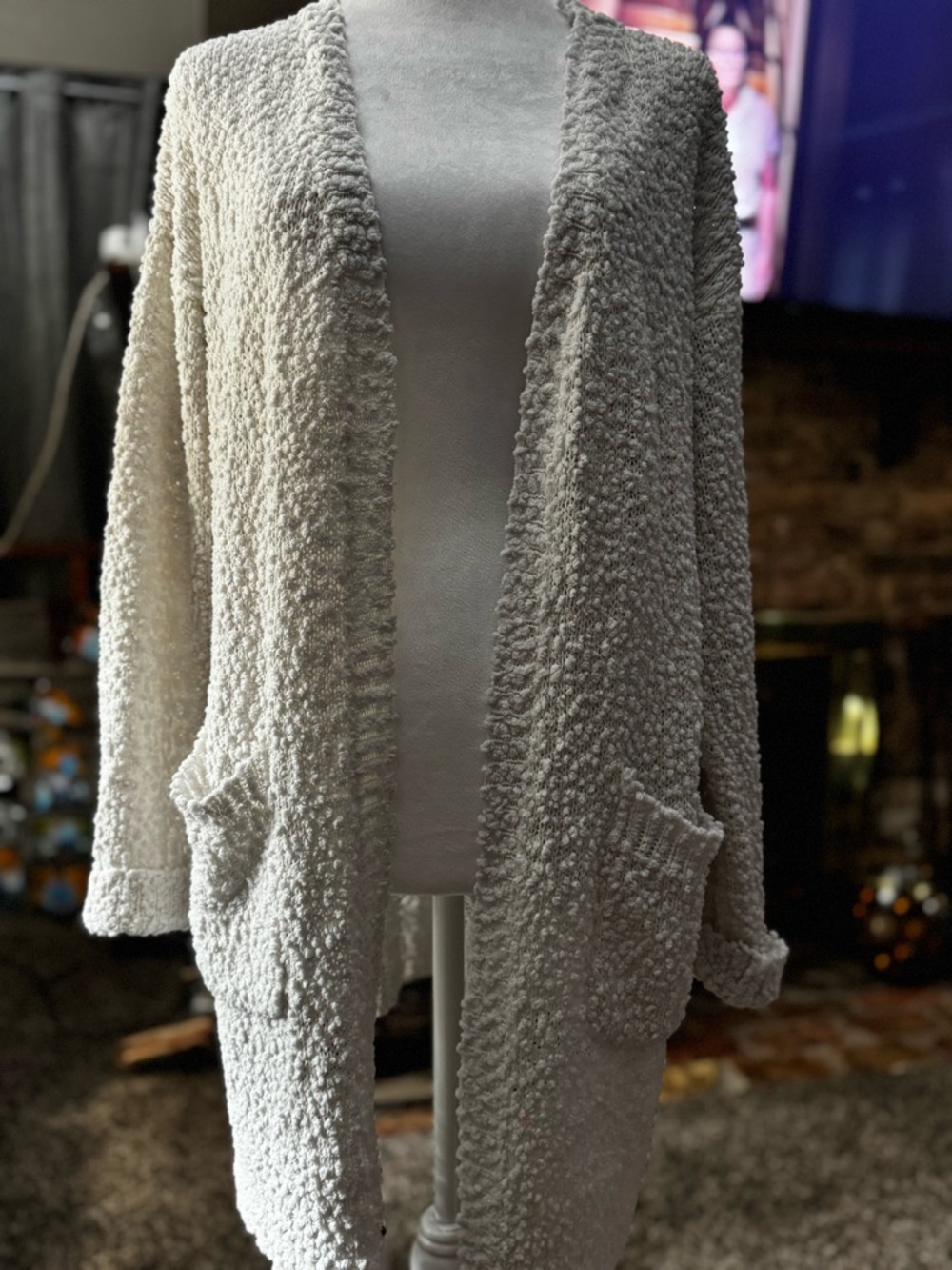 Listicle White Bouclé Open-Front Cardigan with Pockets